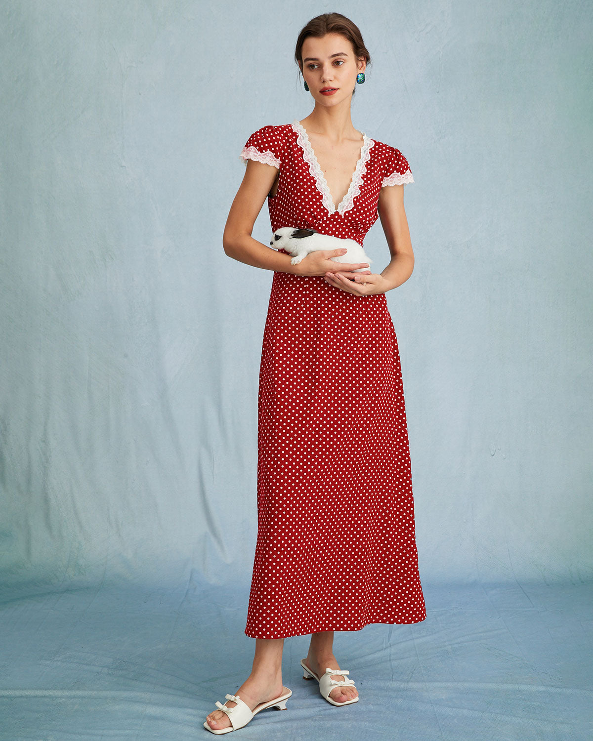 The Red V Neck Polka Dot Lace Ruched Maxi Dress | Rihoas