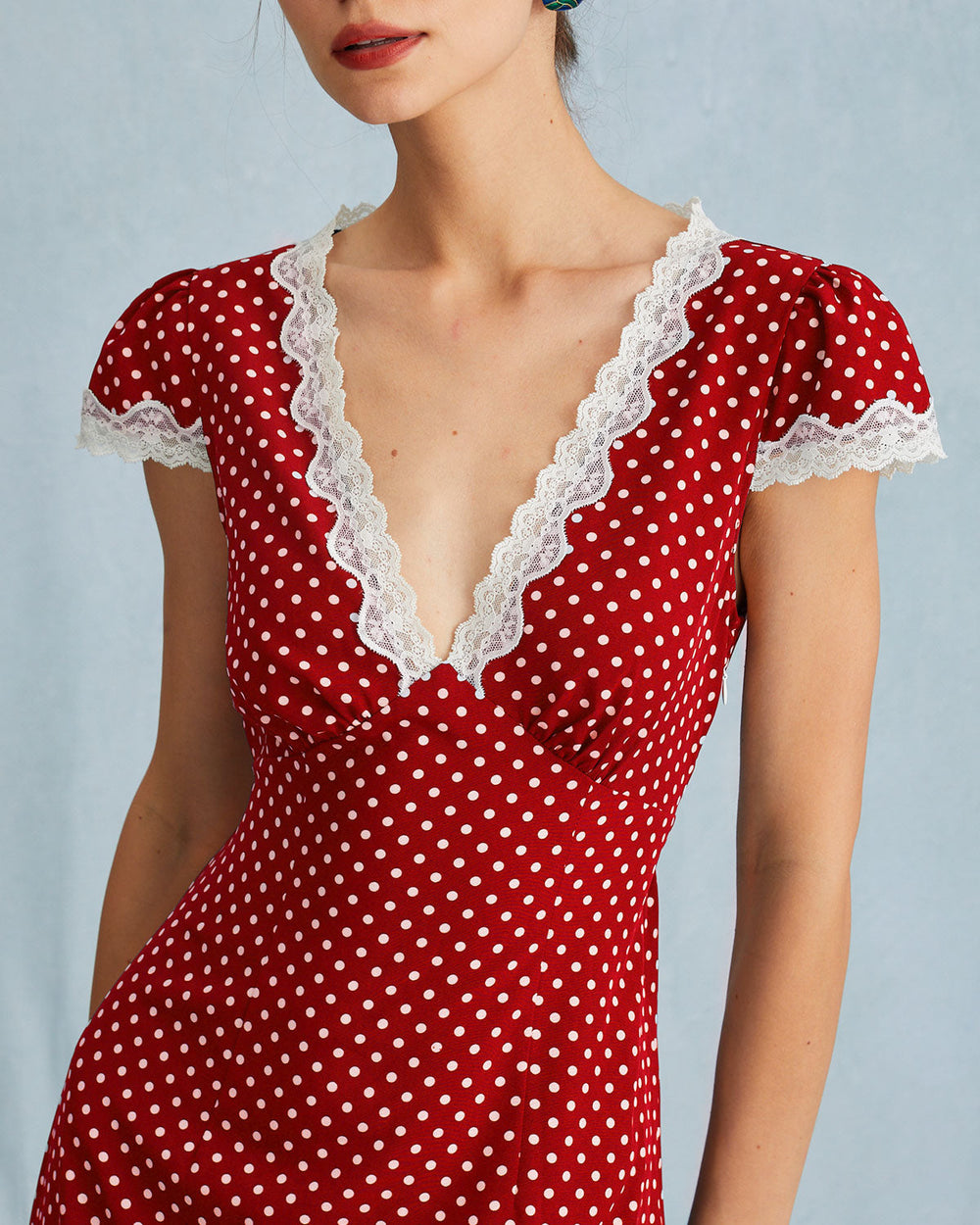 The Red V Neck Polka Dot Lace Ruched Maxi Dress | Rihoas