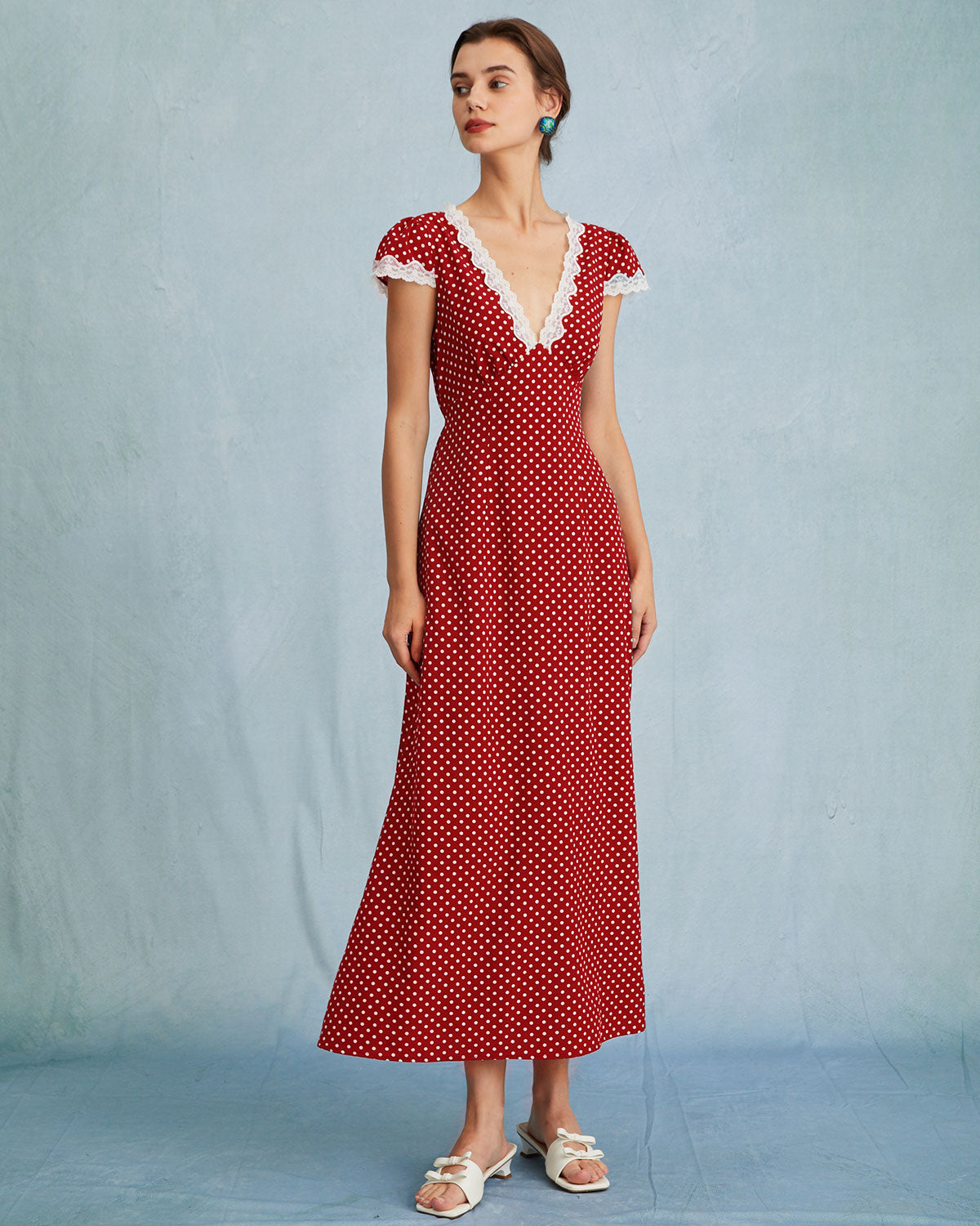 The Red V Neck Polka Dot Lace Ruched Maxi Dress | Rihoas