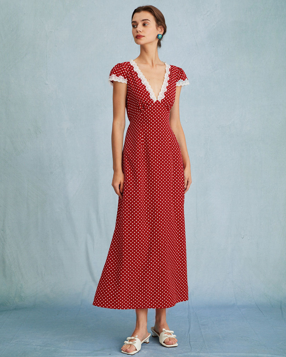 The Red V Neck Polka Dot Lace Ruched Maxi Dress | Rihoas