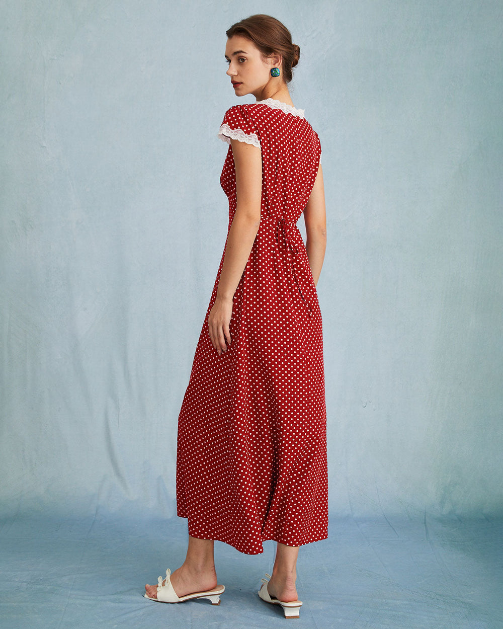 The Red V Neck Polka Dot Lace Ruched Maxi Dress | Rihoas