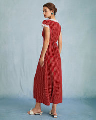 The Red V Neck Polka Dot Lace Ruched Maxi Dress | Rihoas