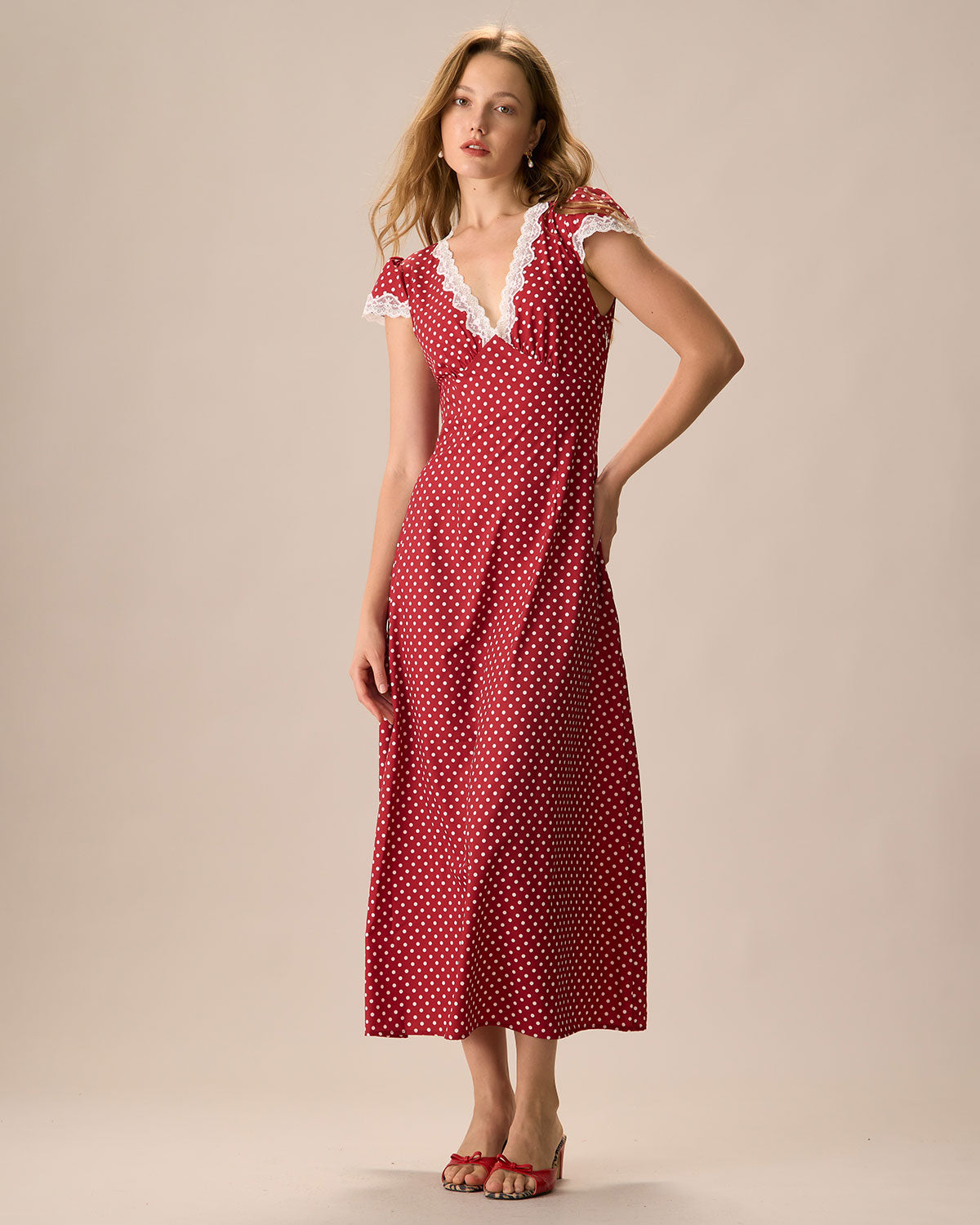 The Red V Neck Polka Dot Lace Ruched Maxi Dress | Rihoas