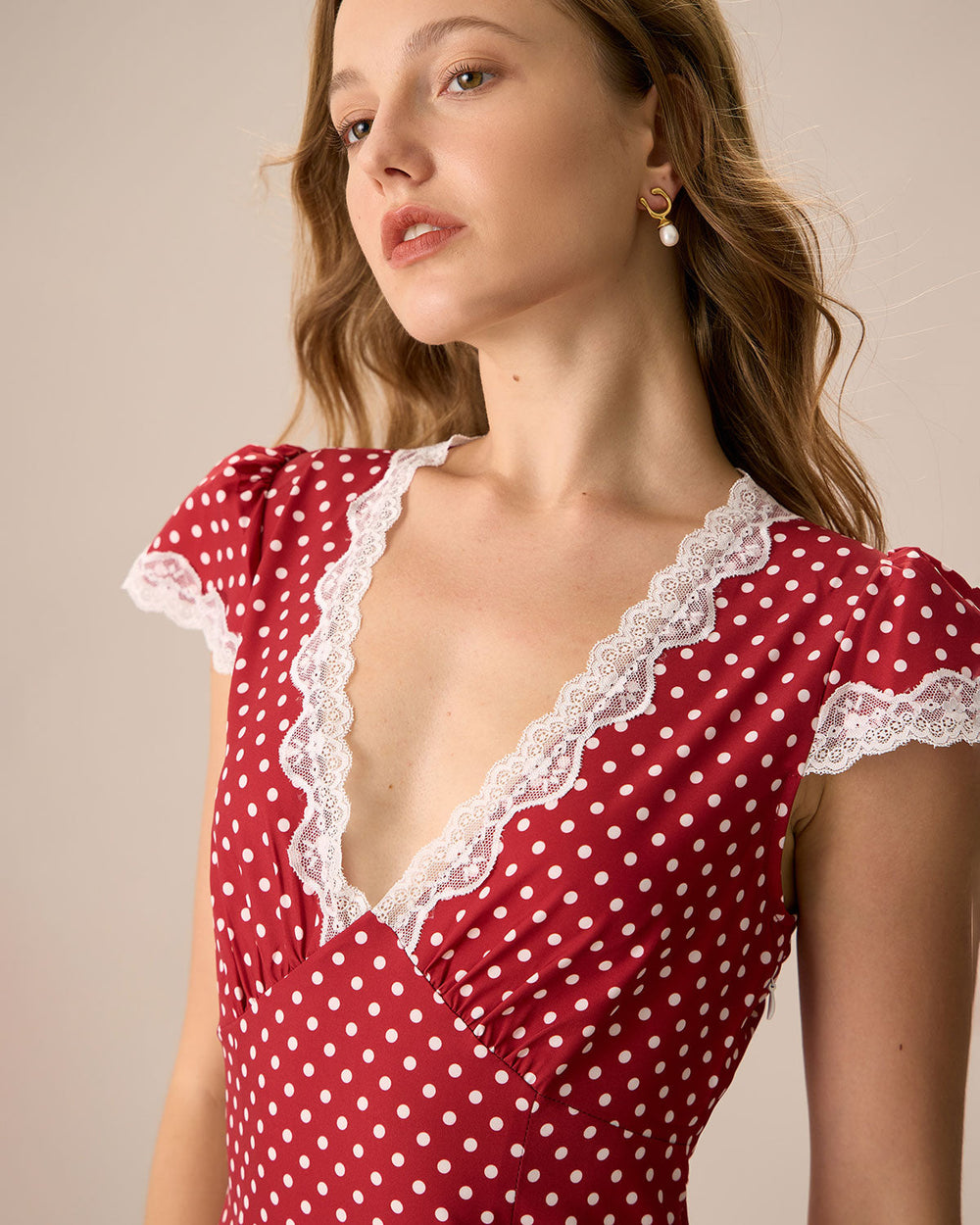 The Red V Neck Polka Dot Lace Ruched Maxi Dress | Rihoas