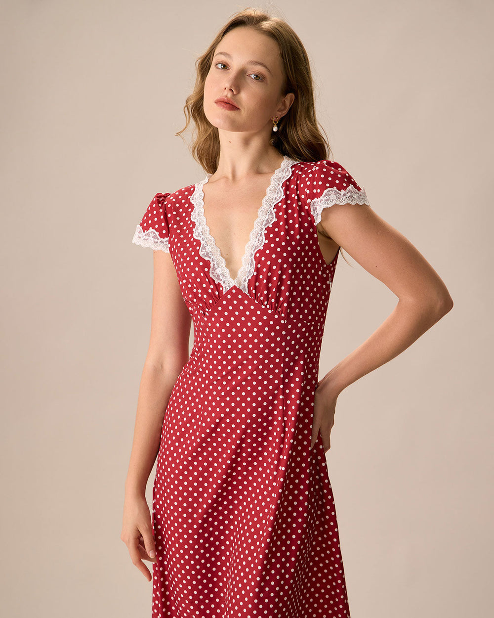 The Red V Neck Polka Dot Lace Ruched Maxi Dress | Rihoas