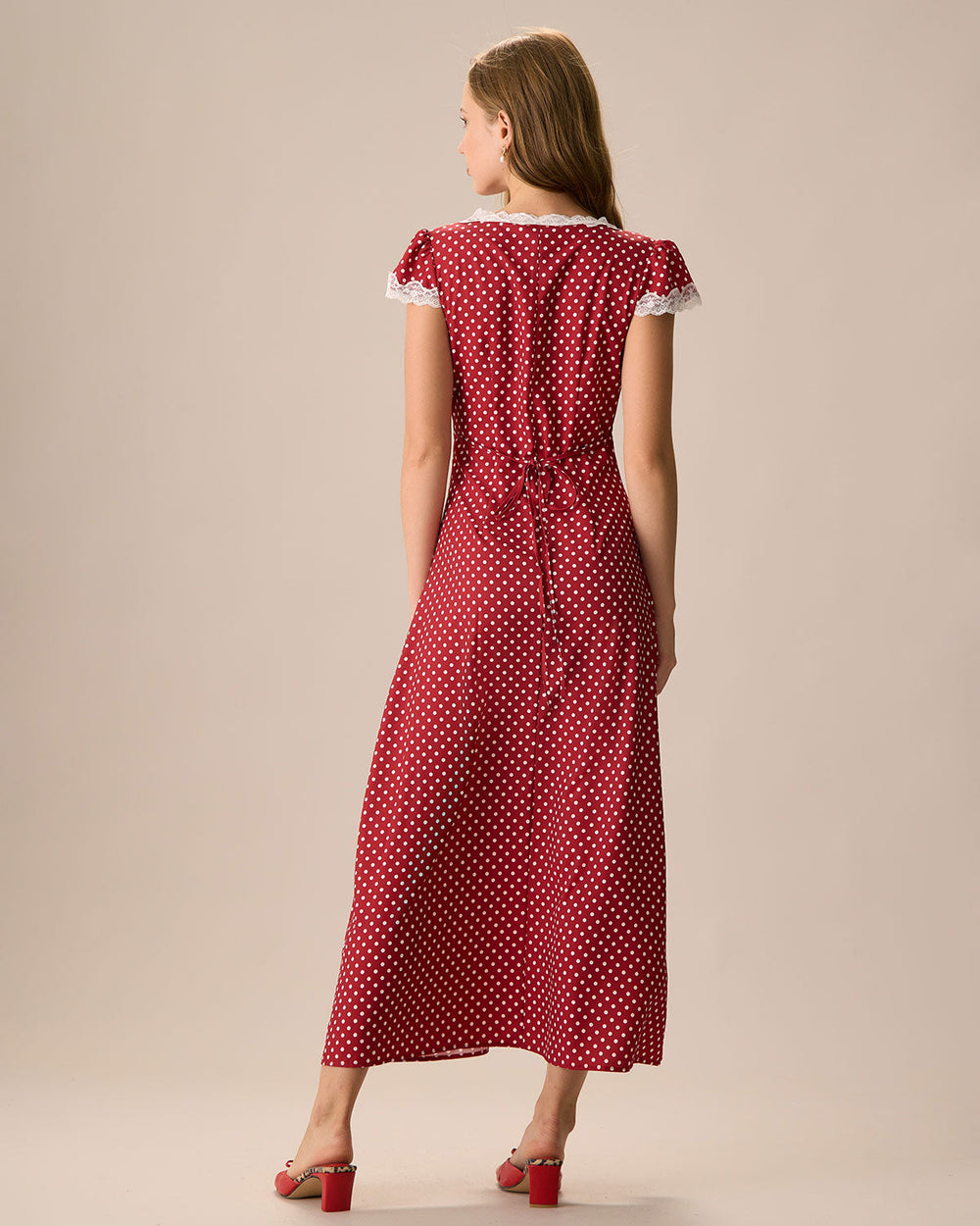 The Red V Neck Polka Dot Lace Ruched Maxi Dress | Rihoas