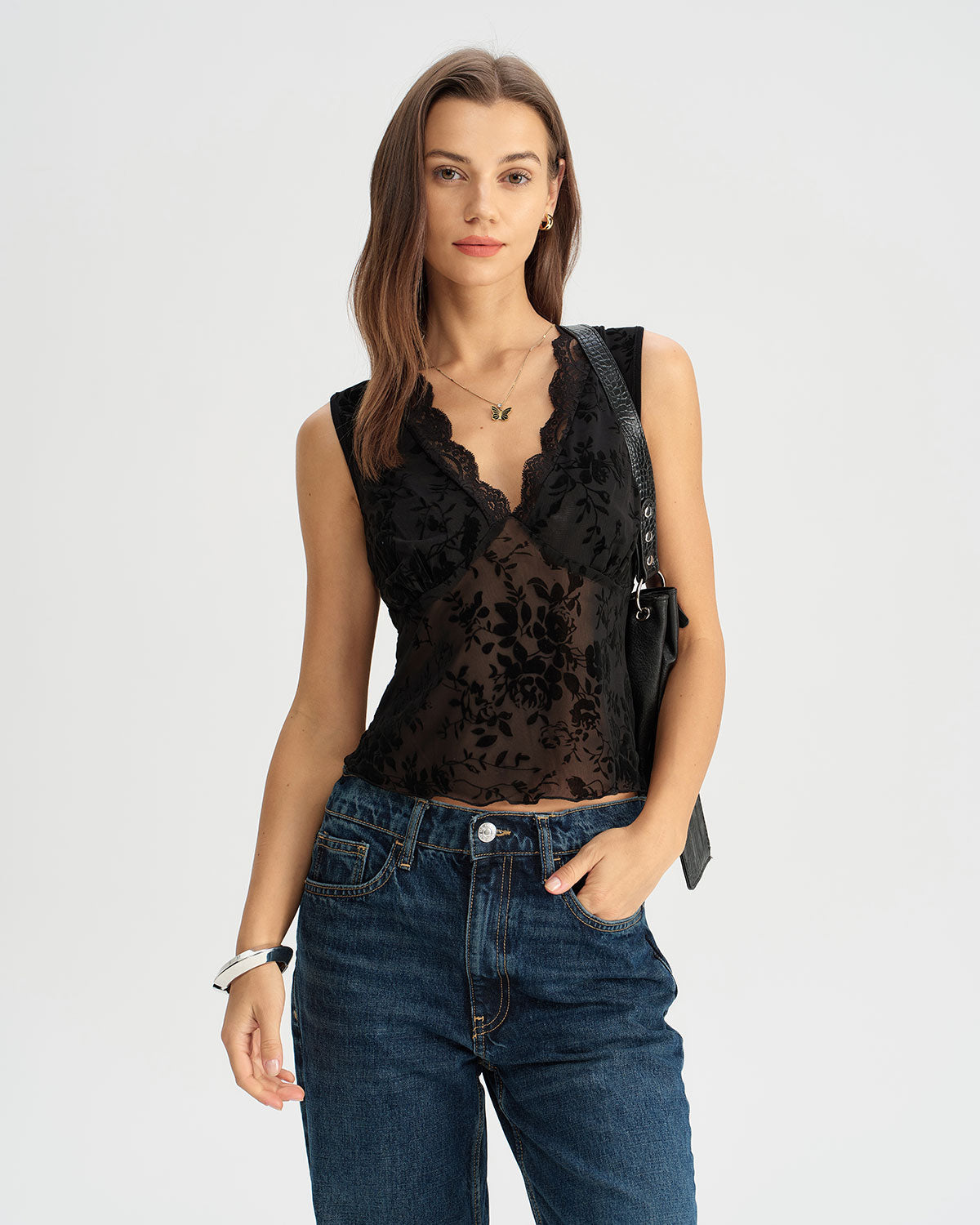 Black Lace V Neck Tank Top | Rihoas