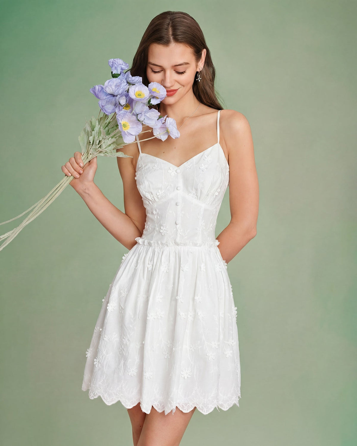White Floral Embroidery Slip Mini Dress | Rihoas