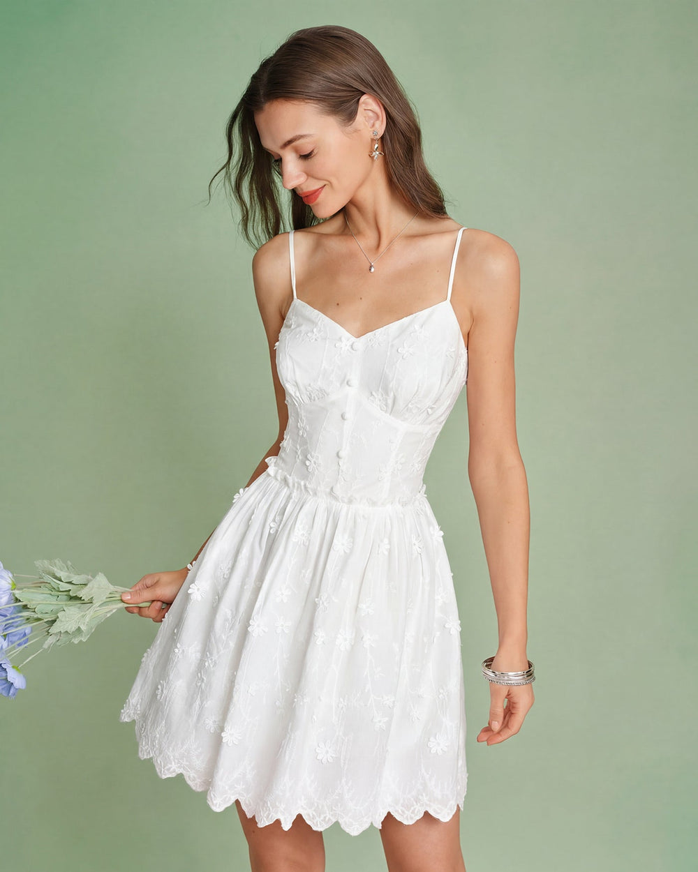 White Floral Embroidery Slip Mini Dress | Rihoas