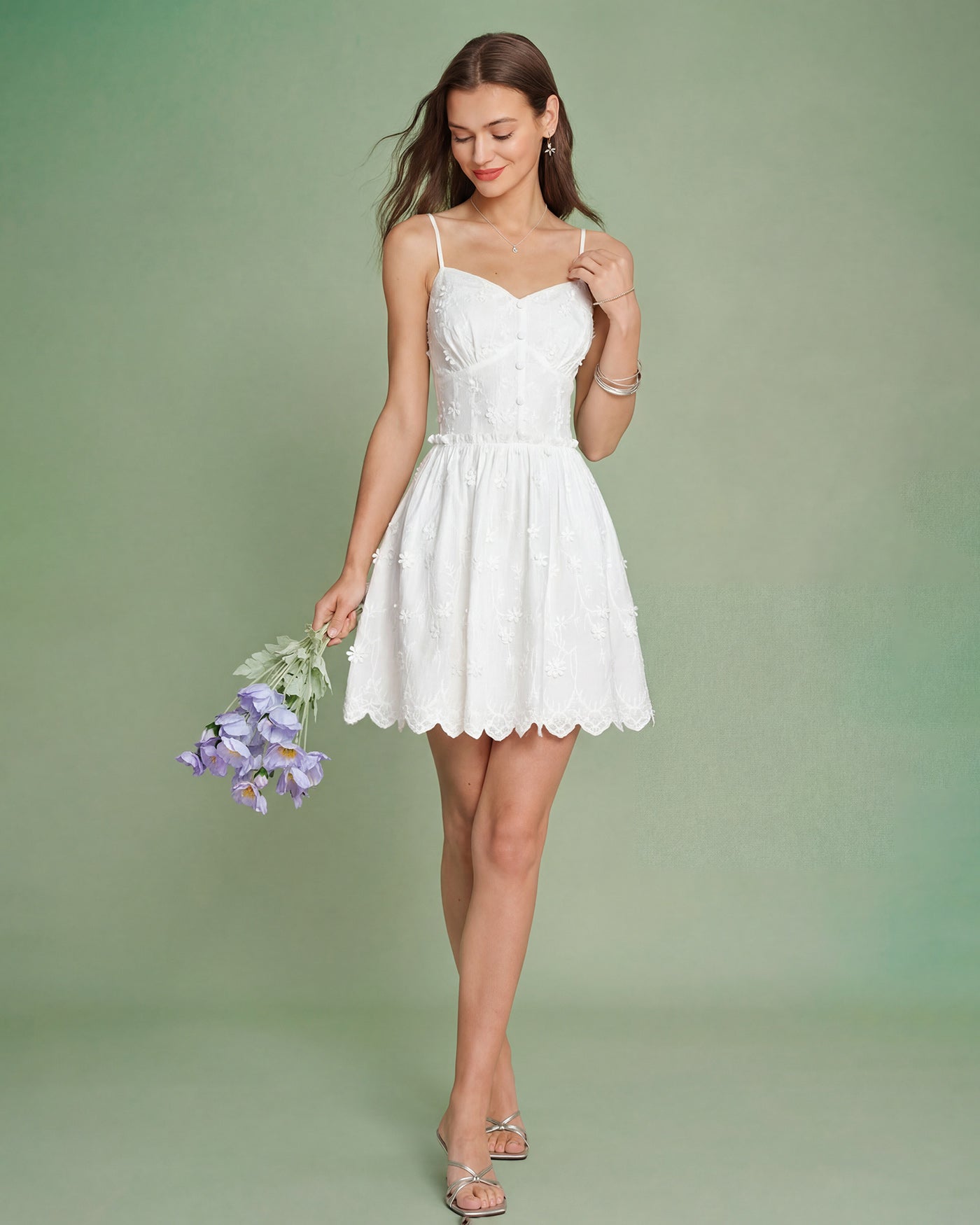White Floral Embroidery Slip Mini Dress | Rihoas