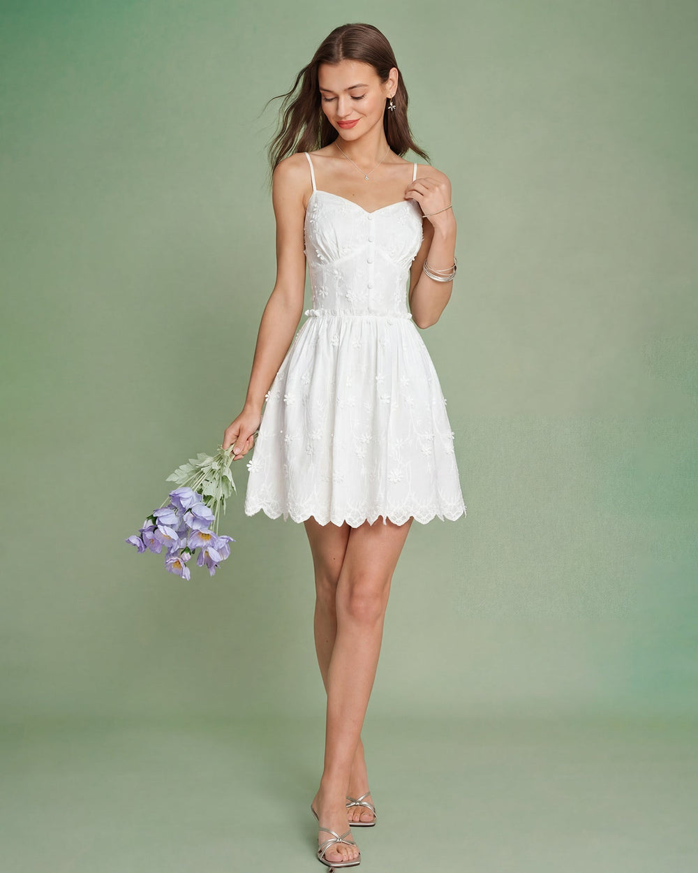 White Floral Embroidery Slip Mini Dress | Rihoas