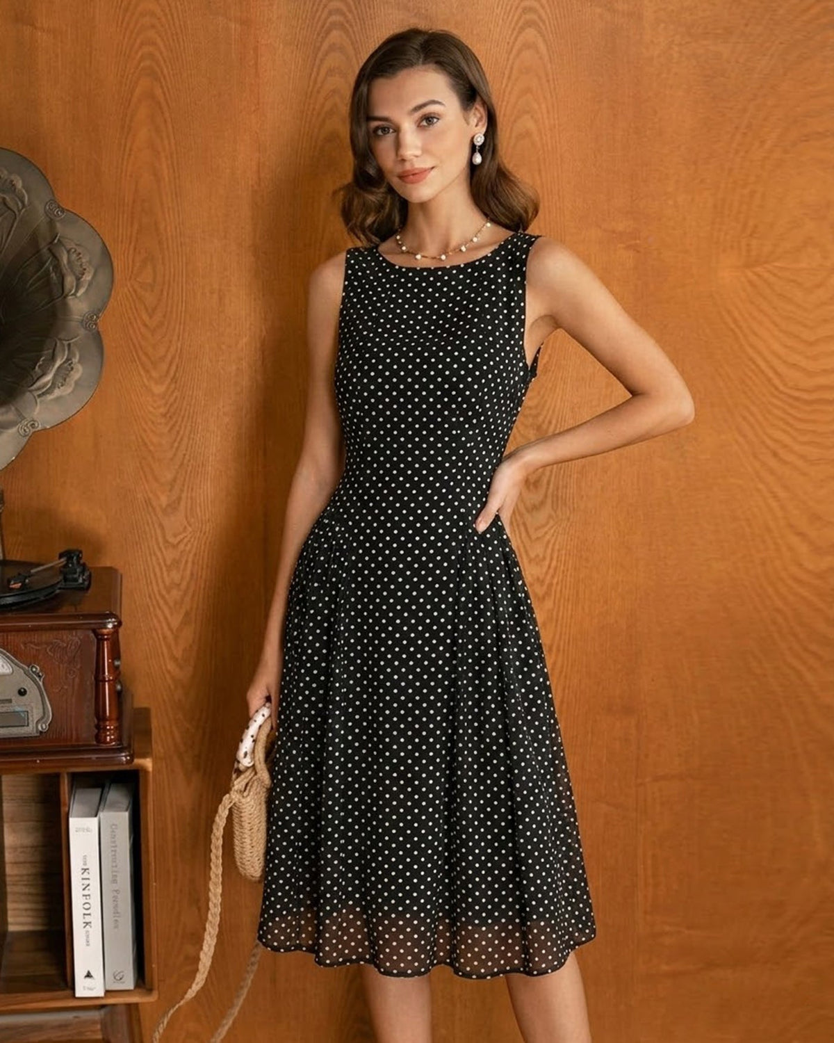 Black Polka Dot Chiffon Midi Dress | Rihoas