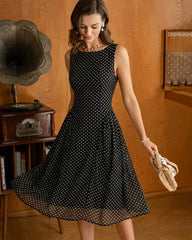 Black Polka Dot Chiffon Midi Dress | Rihoas