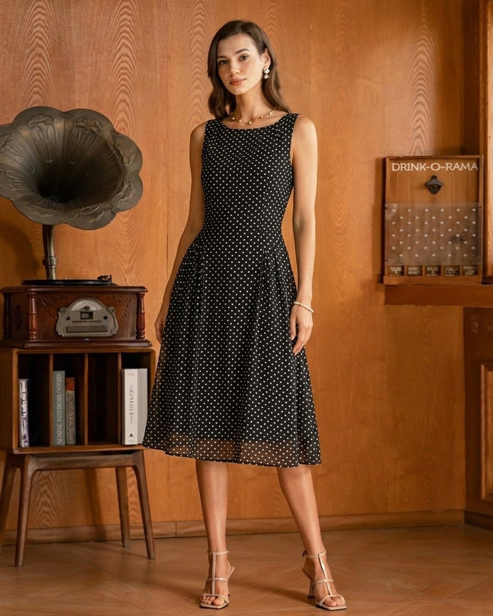 Black Polka Dot Chiffon Midi Dress | Rihoas
