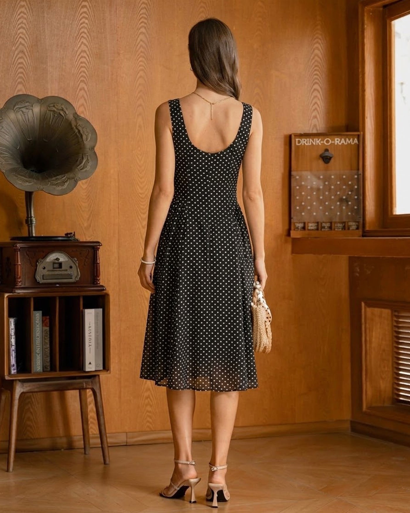 Black Polka Dot Chiffon Midi Dress | Rihoas