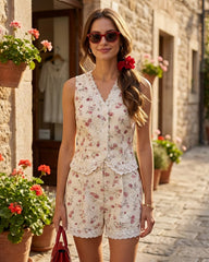 Floral V Neck Single Breasted Vest | Rihoas