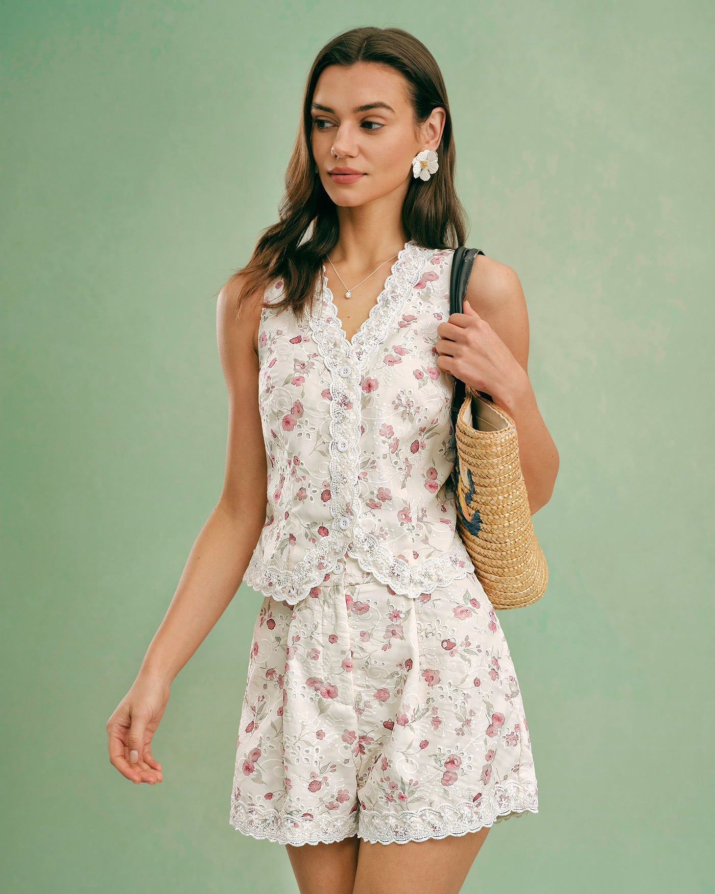 Floral V Neck Single Breasted Vest | Rihoas