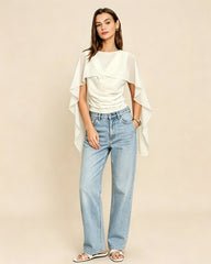 Apricot Round Neck Ruched Tee | Rihoas
