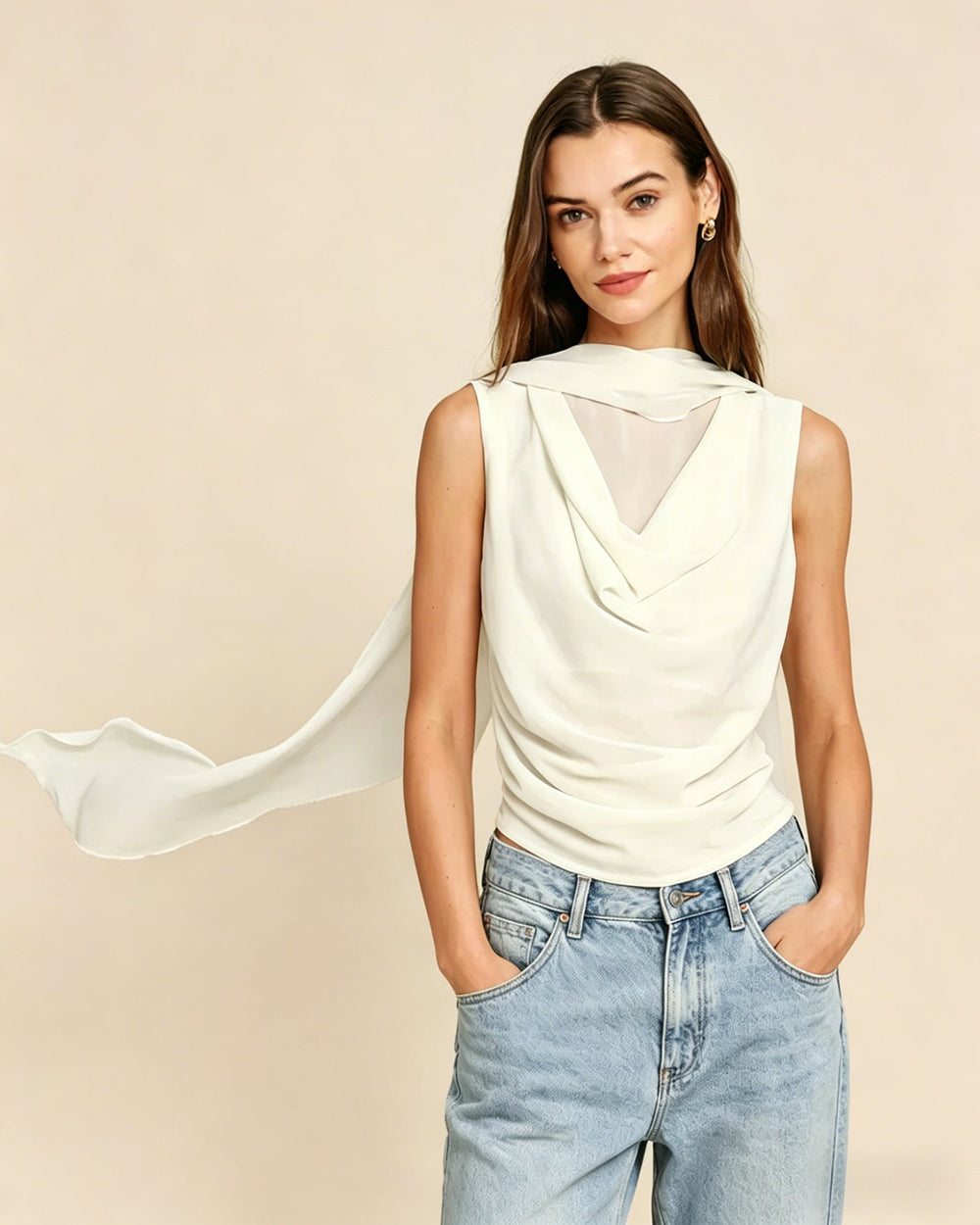 Apricot Round Neck Ruched Tee | Rihoas