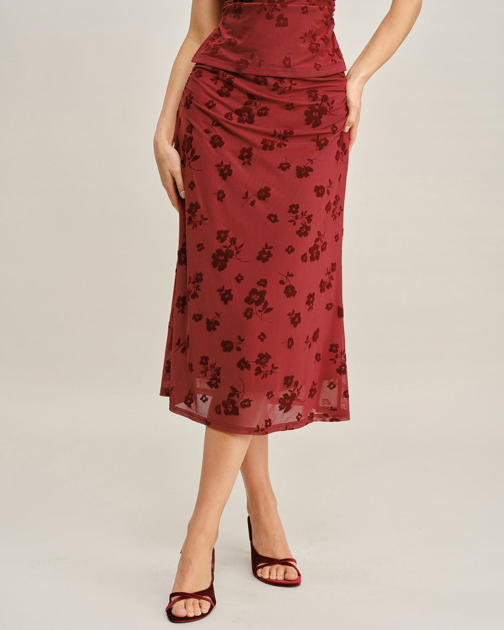 Red Floral Mermaid Midi Skirt | Rihoas