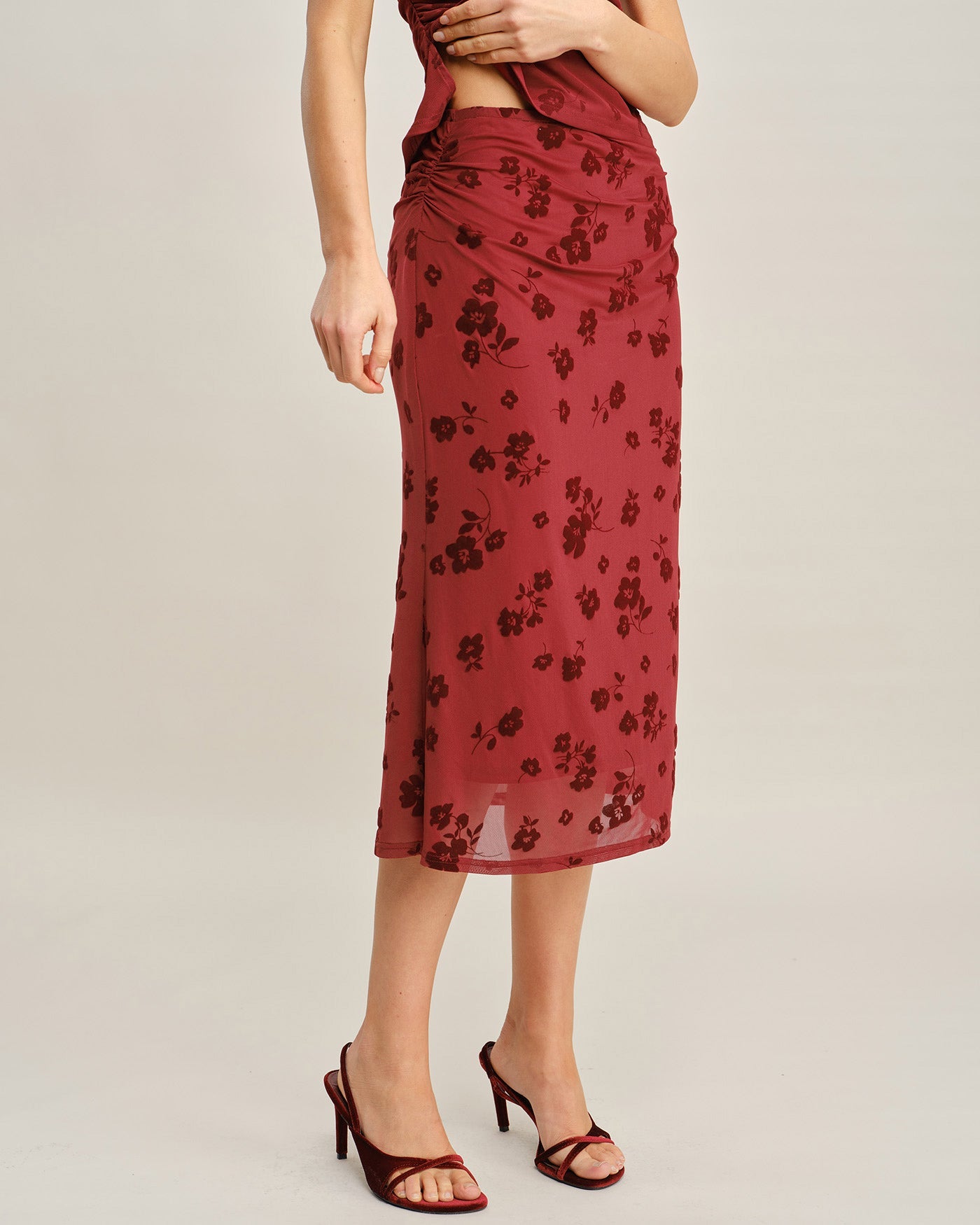 Red Floral Mermaid Midi Skirt | Rihoas