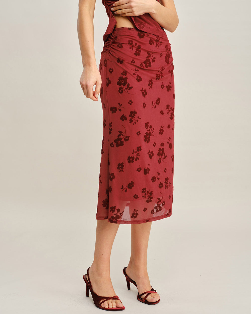 Red Floral Mermaid Midi Skirt | Rihoas