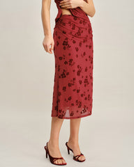 Red Floral Mermaid Midi Skirt | Rihoas