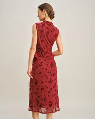 Red Floral Mermaid Midi Skirt | Rihoas