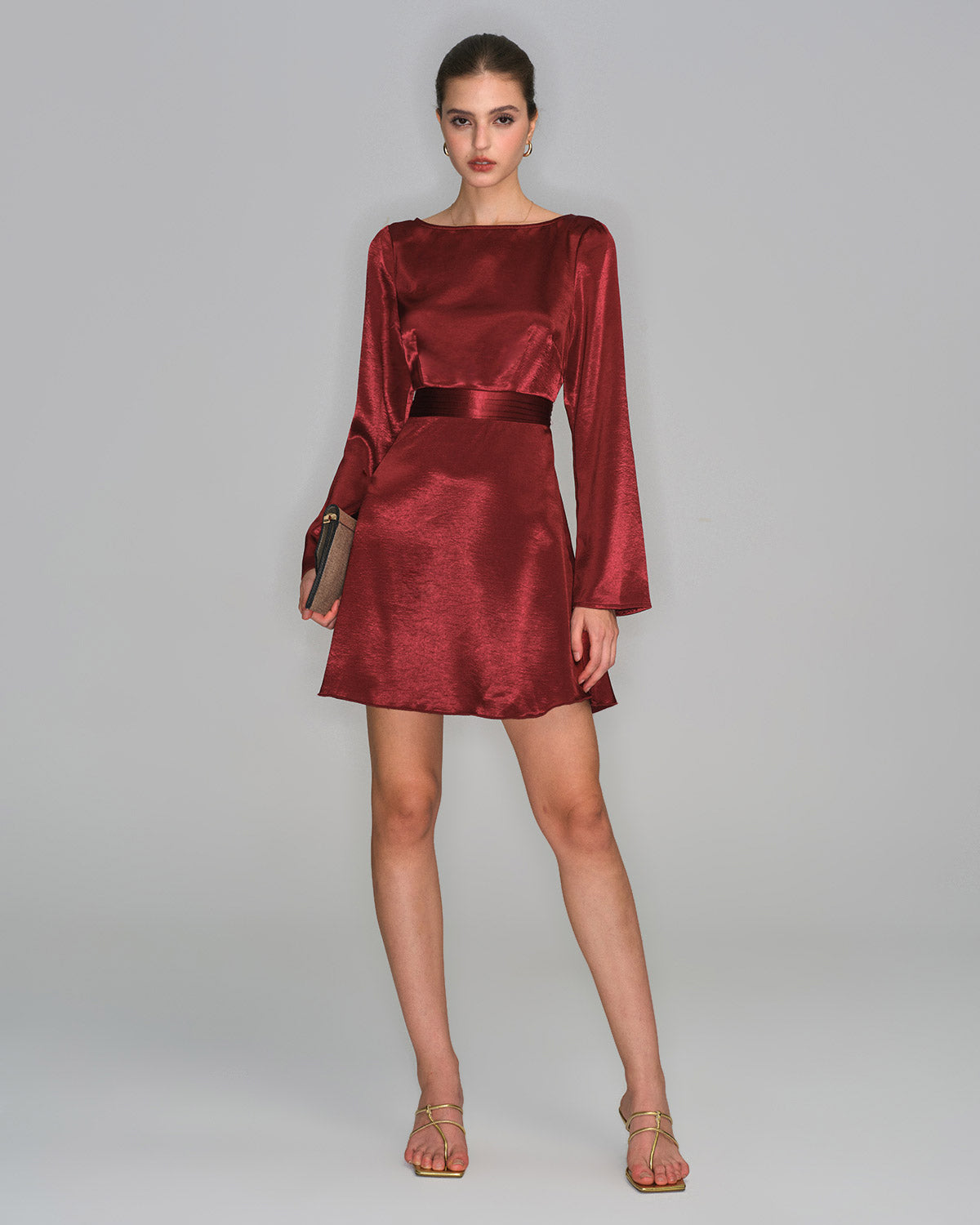 Wine Red Satin Bell Sleeve Mini Dress | Rihoas