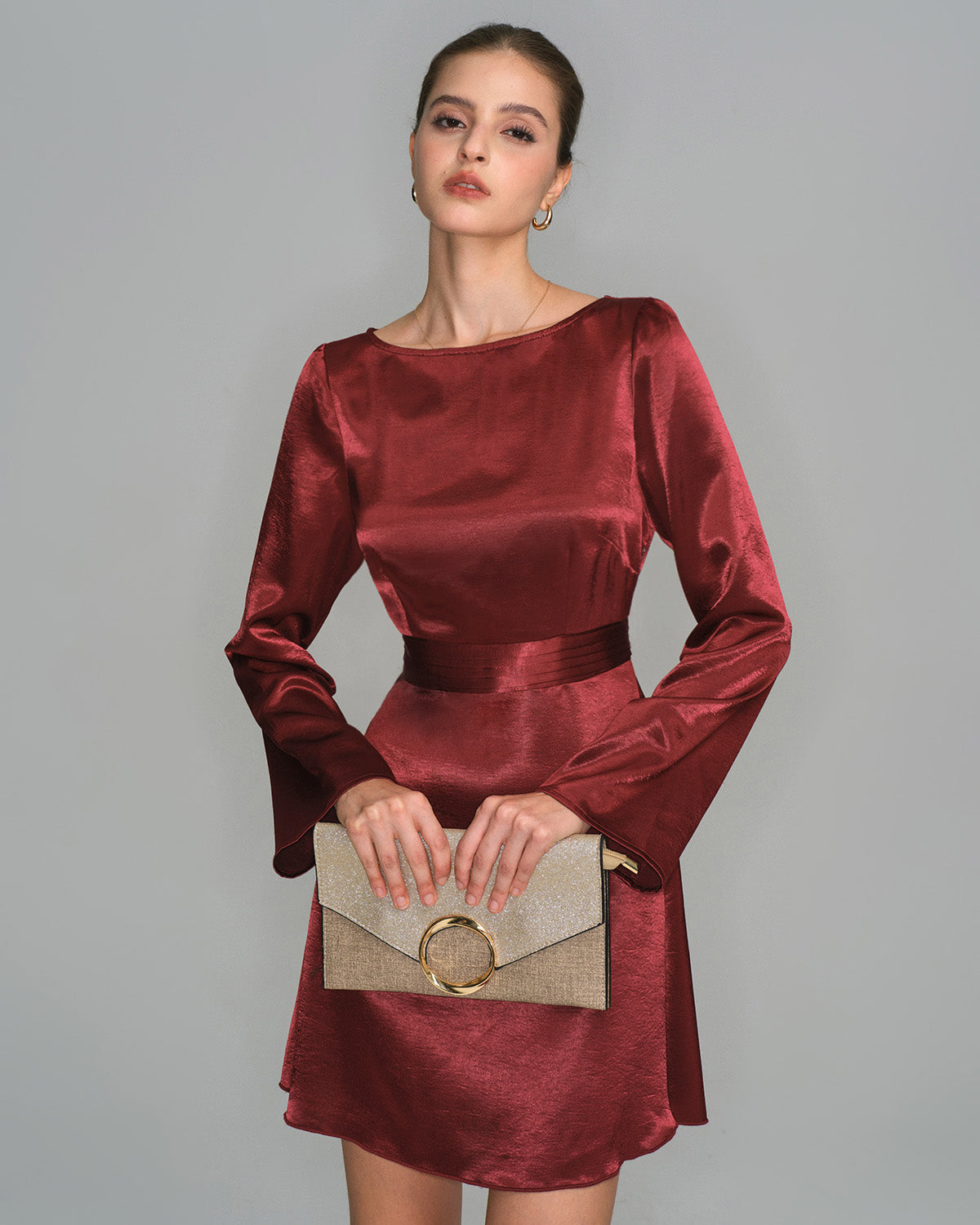 Wine Red Satin Bell Sleeve Mini Dress | Rihoas