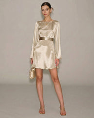 Apricot Boat Neck Satin A-Line Mini Dress | Rihoas