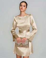 Apricot Boat Neck Satin A-Line Mini Dress | Rihoas