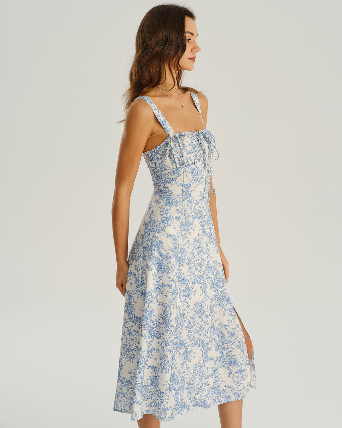Blue Floral Ruched Slip Midi Dress | Rihoas
