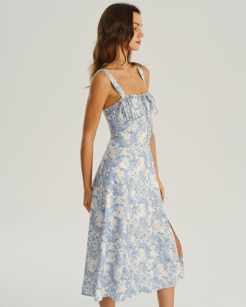 Blue Floral Ruched Slip Midi Dress | Rihoas