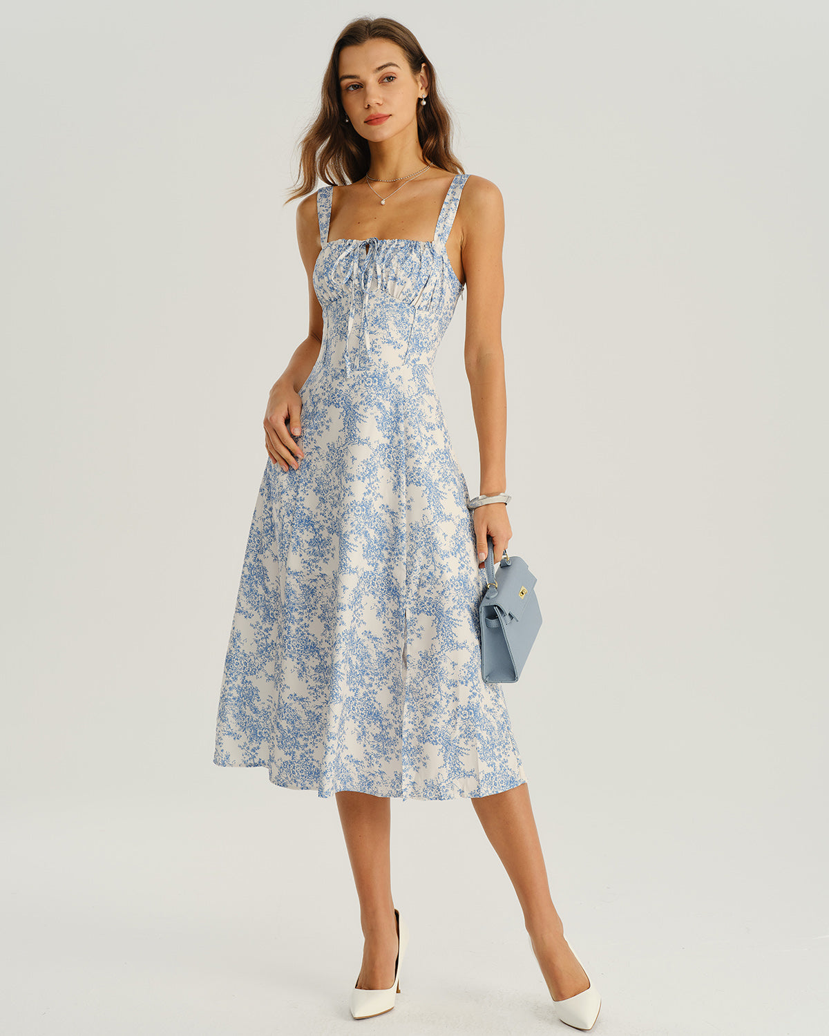Blue Floral Ruched Slip Midi Dress | Rihoas