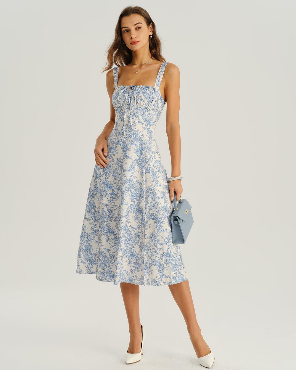 Blue Floral Ruched Slip Midi Dress | Rihoas