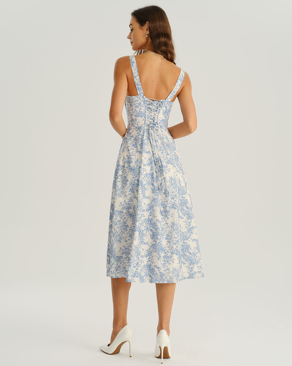 Blue Floral Ruched Slip Midi Dress | Rihoas