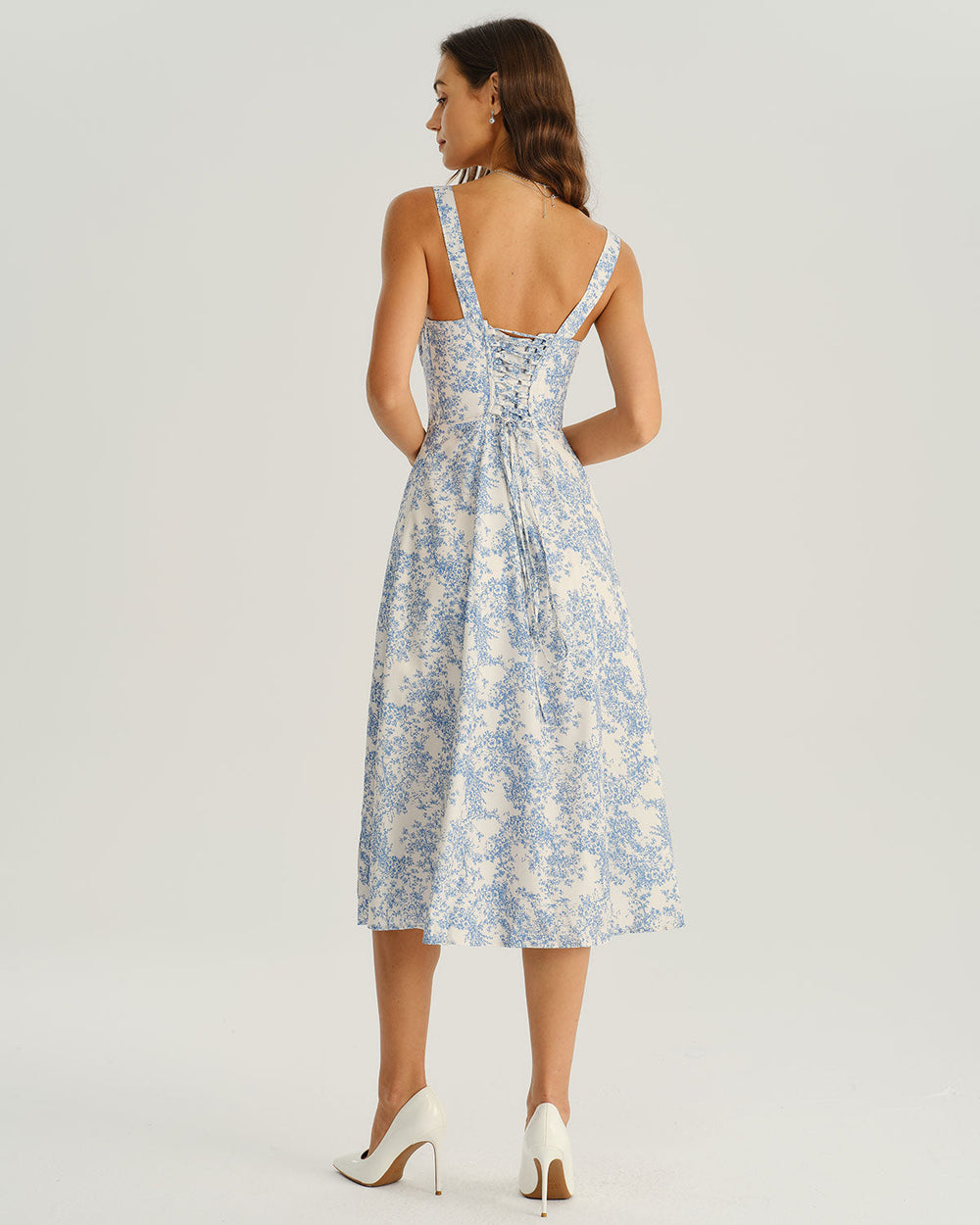 Blue Floral Ruched Slip Midi Dress | Rihoas