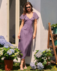 Purple V Neck Butterfly Sleeve Floral Midi Dress | Rihoas
