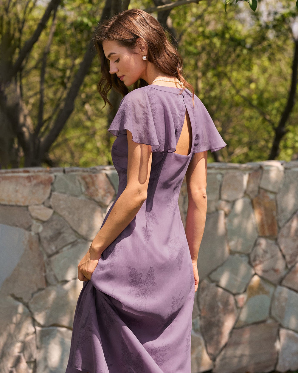 Purple V Neck Butterfly Sleeve Floral Midi Dress | Rihoas