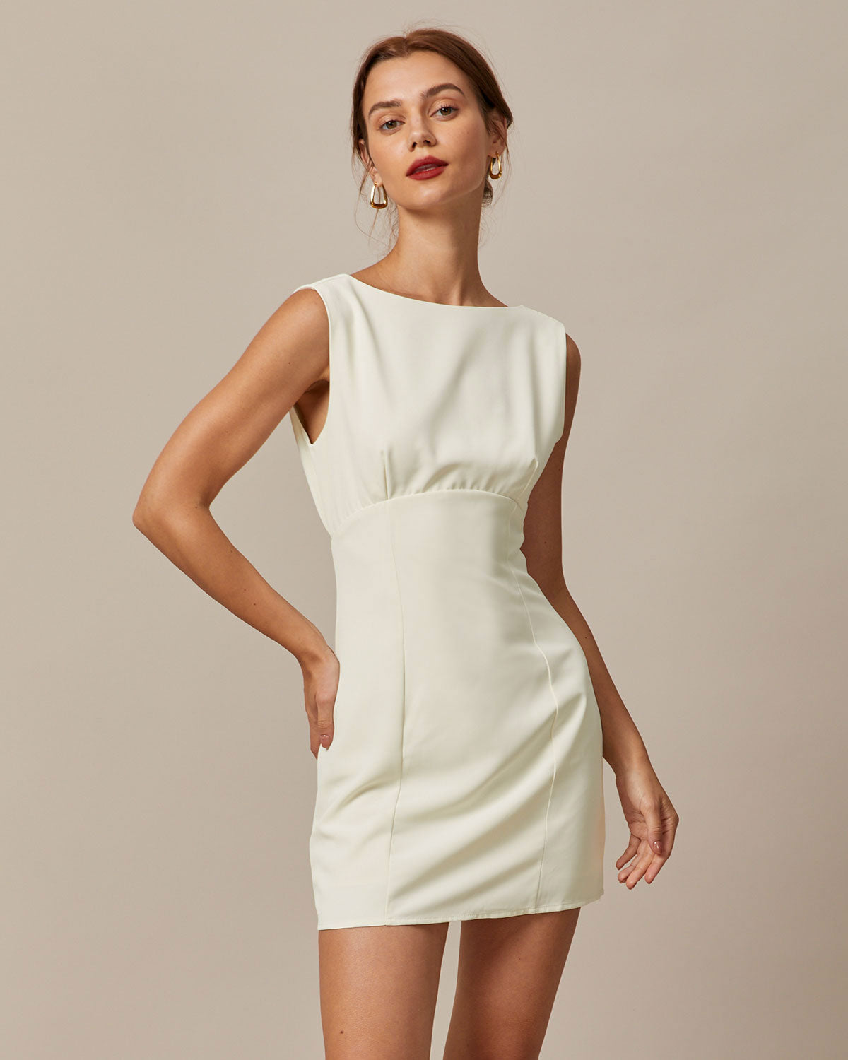 The Beige Boat Neck Back Bowknot Mini Dress | Rihoas
