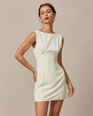 The Beige Boat Neck Back Bowknot Mini Dress | Rihoas