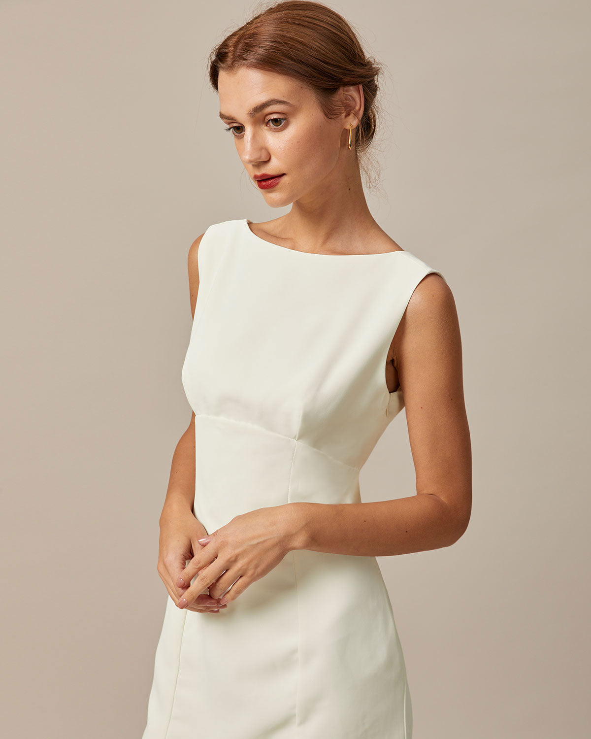 The Beige Boat Neck Back Bowknot Mini Dress | Rihoas
