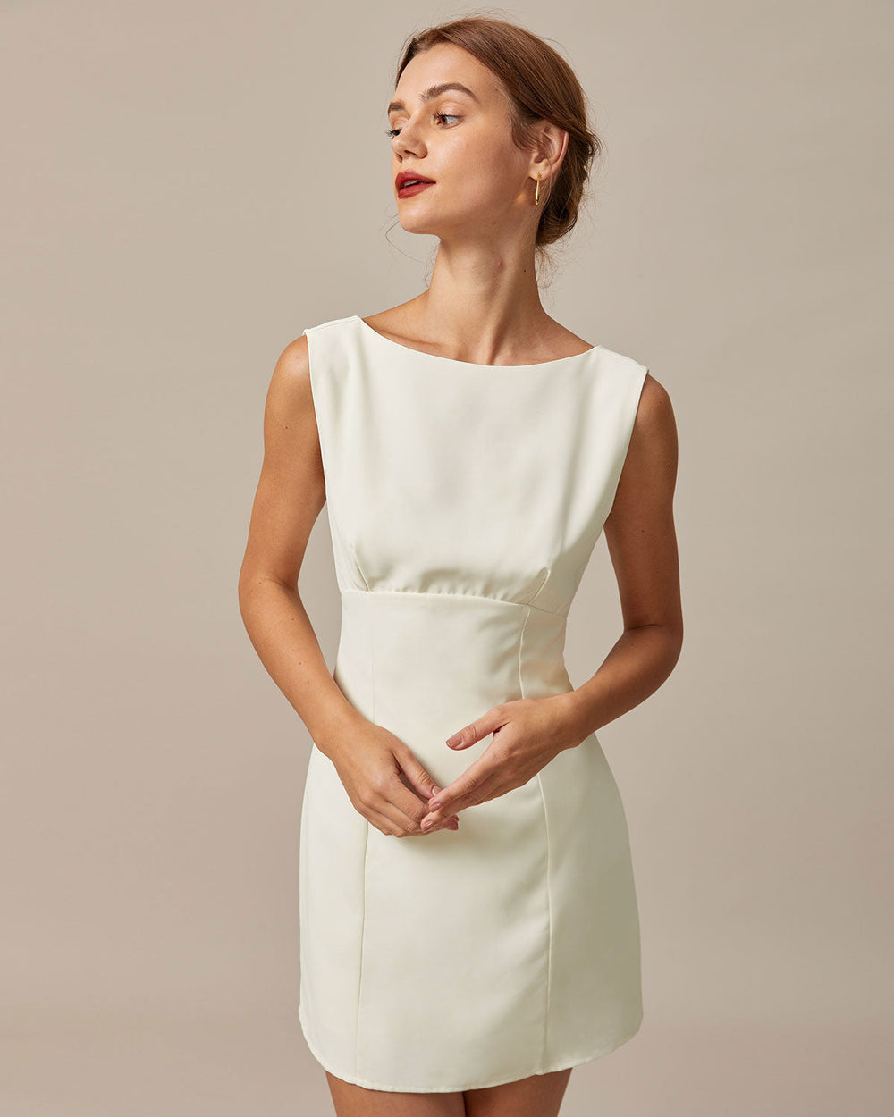 The Beige Boat Neck Back Bowknot Mini Dress | Rihoas