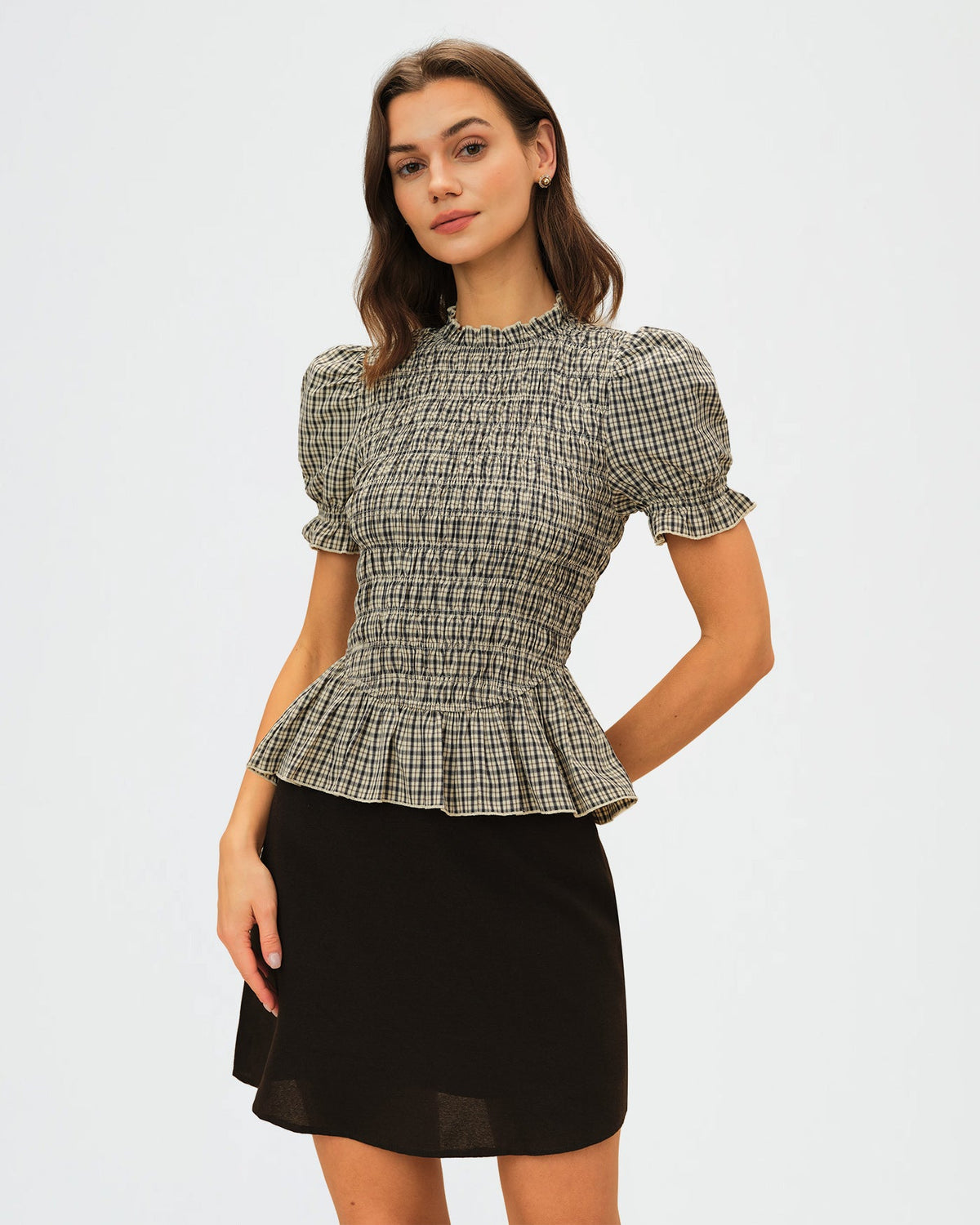 Apricot Lantern Sleeve Shirred Plaid Tee | Rihoas