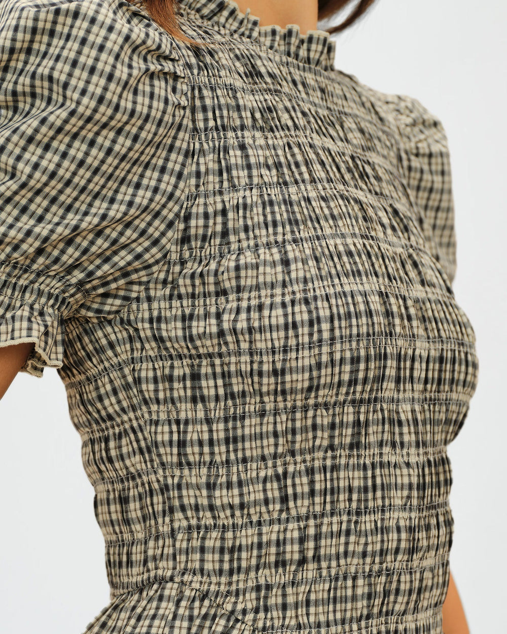 Apricot Lantern Sleeve Shirred Plaid Tee | Rihoas