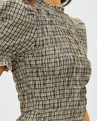 Apricot Lantern Sleeve Shirred Plaid Tee | Rihoas