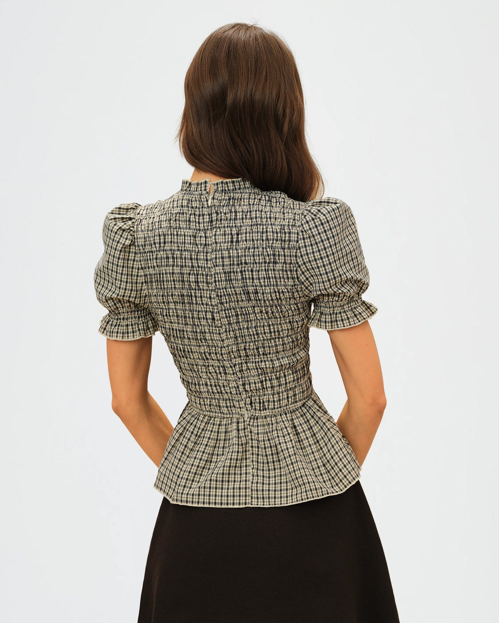 Apricot Lantern Sleeve Shirred Plaid Tee | Rihoas