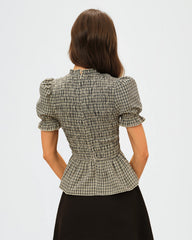 Apricot Lantern Sleeve Shirred Plaid Tee | Rihoas