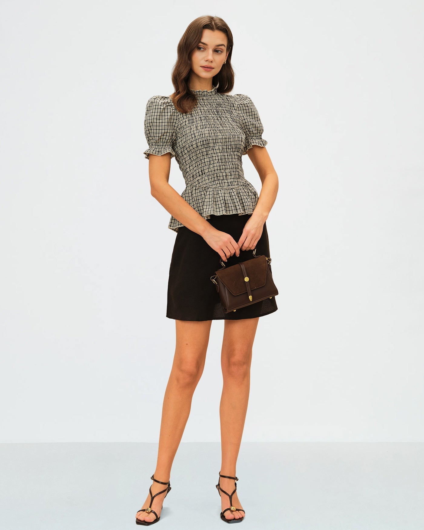 Apricot Lantern Sleeve Shirred Plaid Tee | Rihoas
